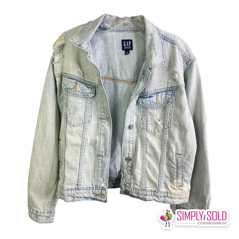 Gap Womens Denim Jacket Jean Ripped Faded Distressed Long Sleeve Light Indigo MT